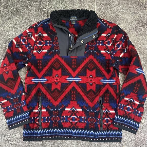 Boy's Polo Ralph Lauren Navy Blue Red Tribal Aztec Fleece Snap T Jacket Sz M 10